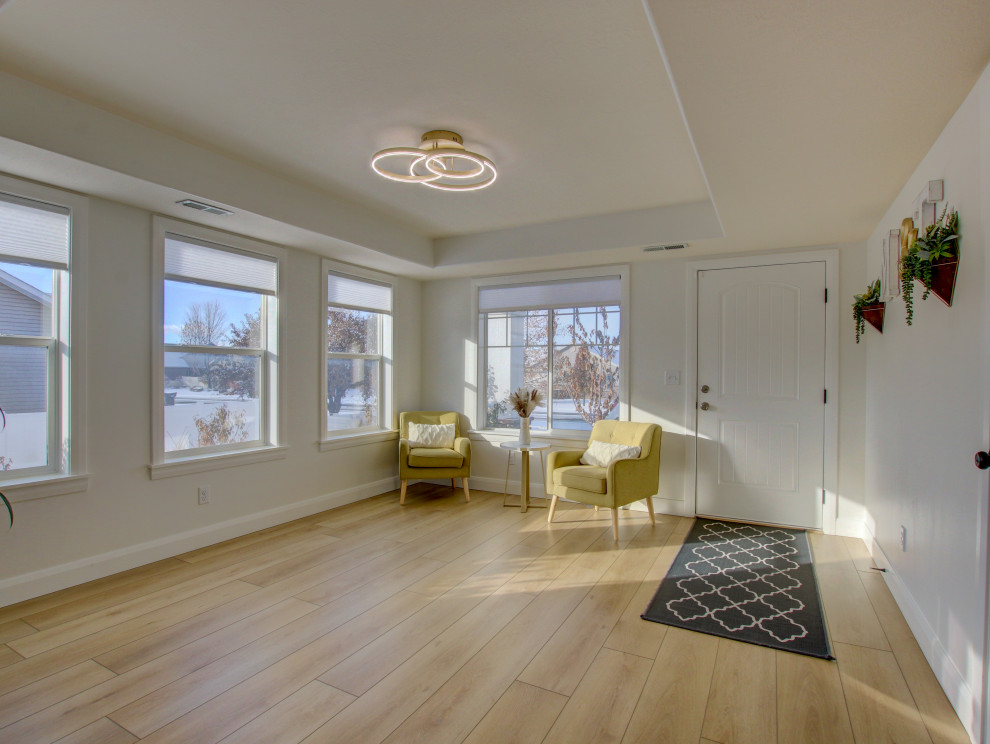 This is an example of a mid-sized midcentury front door in Salt Lake City with white walls, vinyl floors, a single front door, a white front door, beige floor and recessed.
