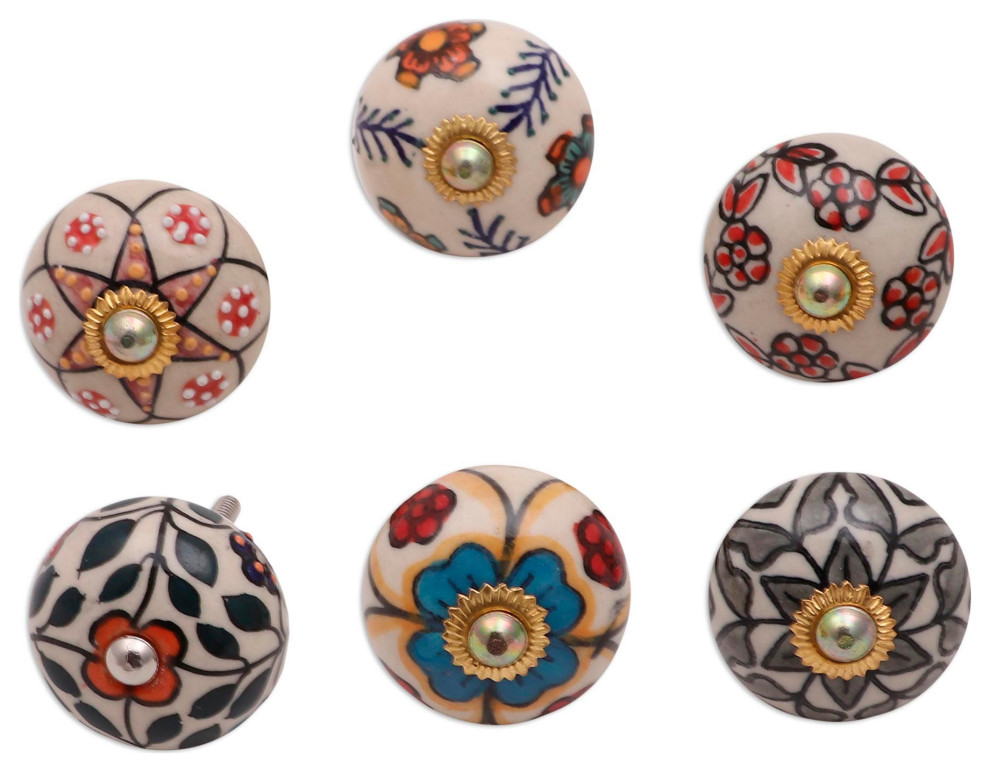 Novica Handmade Harmonious Flowers Ceramic Knobs, Set of 6