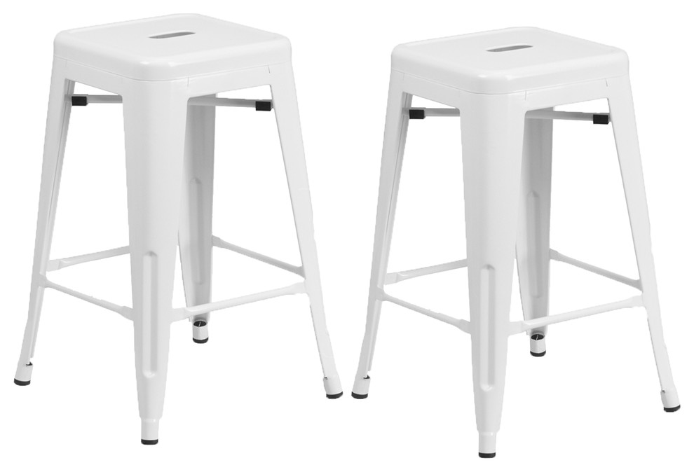Vogue Metals Backless Metal Stools, Set of 2, Full Assembled, White, 24"
