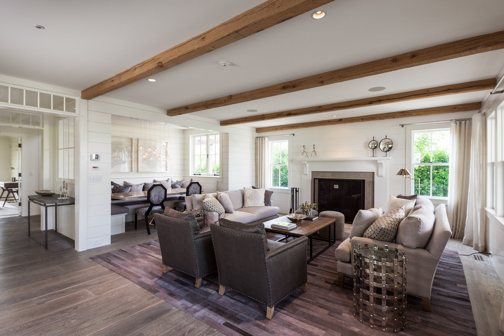 Inspiration for a mid-sized contemporary formal open concept living room in Boston with white walls, light hardwood floors, a standard fireplace, a stone fireplace surround and no tv.