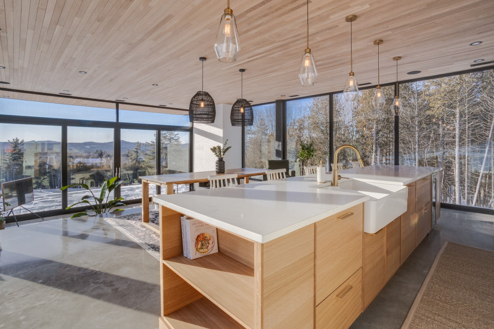 Foto di una cucina scandinava con lavello sottopiano, ante lisce, ante bianche, paraspruzzi bianco, paraspruzzi in perlinato, pavimento in cemento e soffitto in legno