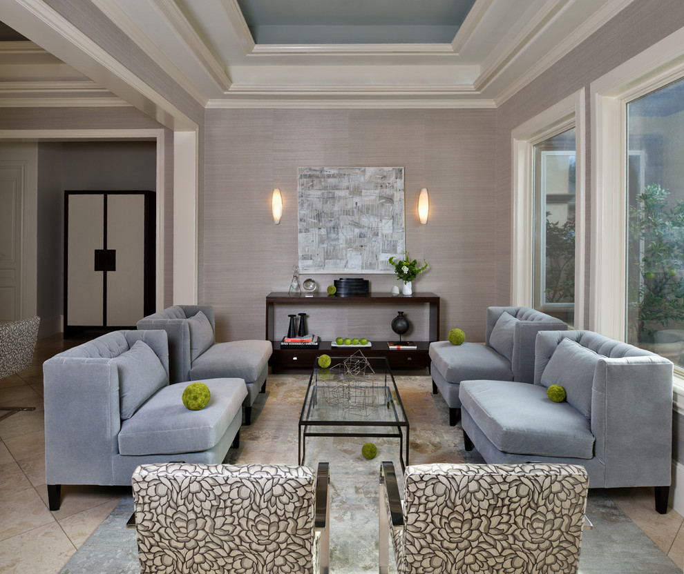 Inspiration for a transitional living room in Houston with grey walls.