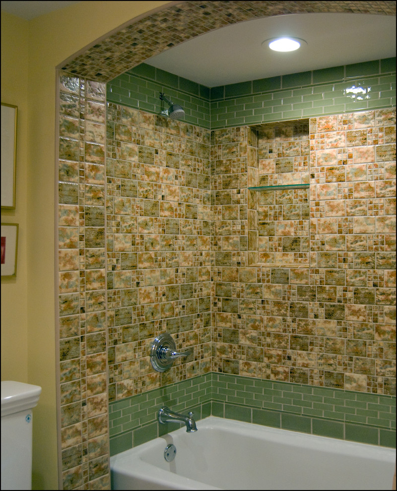 Eclectic master ceramic tile alcove bathtub photo in Minneapolis