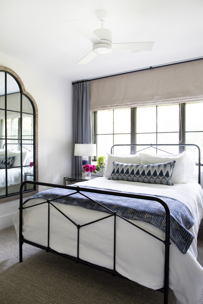 Example of a large cottage guest carpeted and gray floor bedroom design in Atlanta with white walls and no fireplace