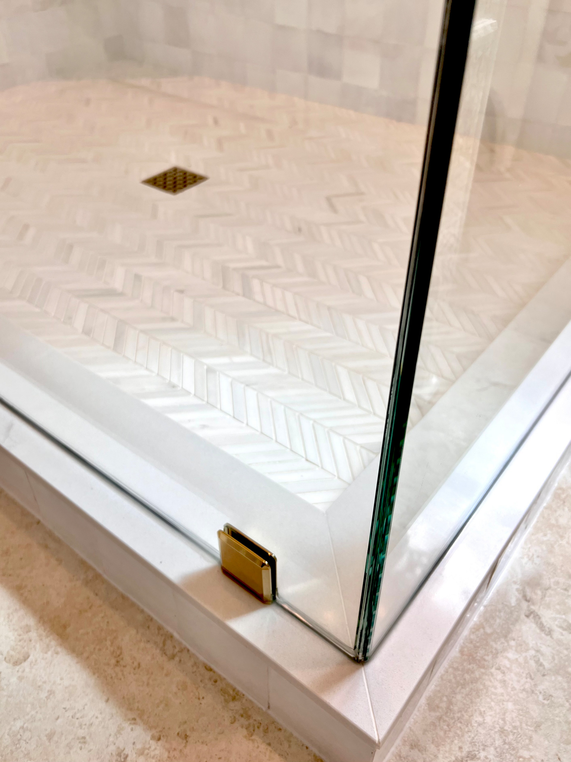 Herringbone Shower Pan & Low Profile Shower Curb Topped Quartz