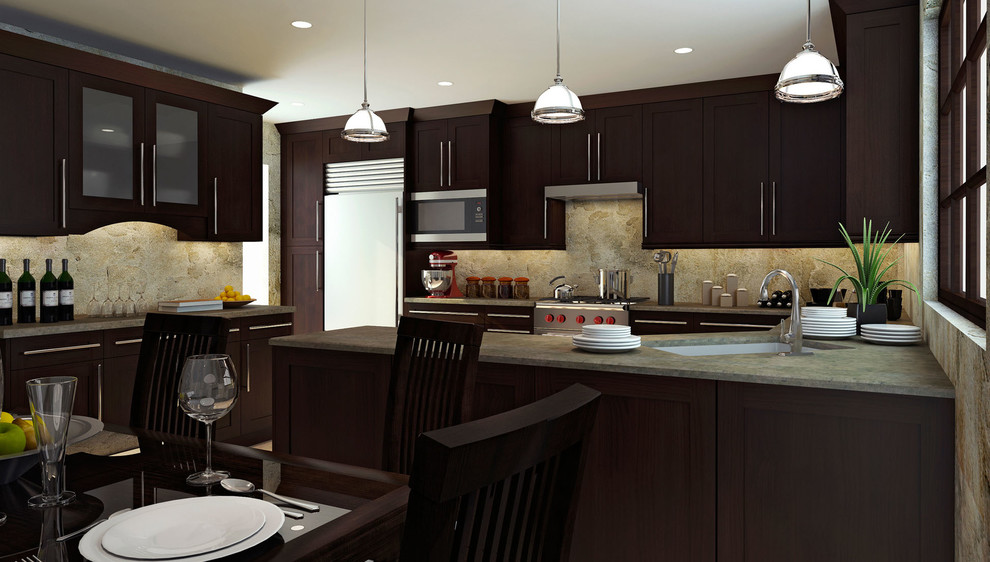 Eat-in kitchen - large transitional single-wall eat-in kitchen idea in Miami with shaker cabinets and a peninsula