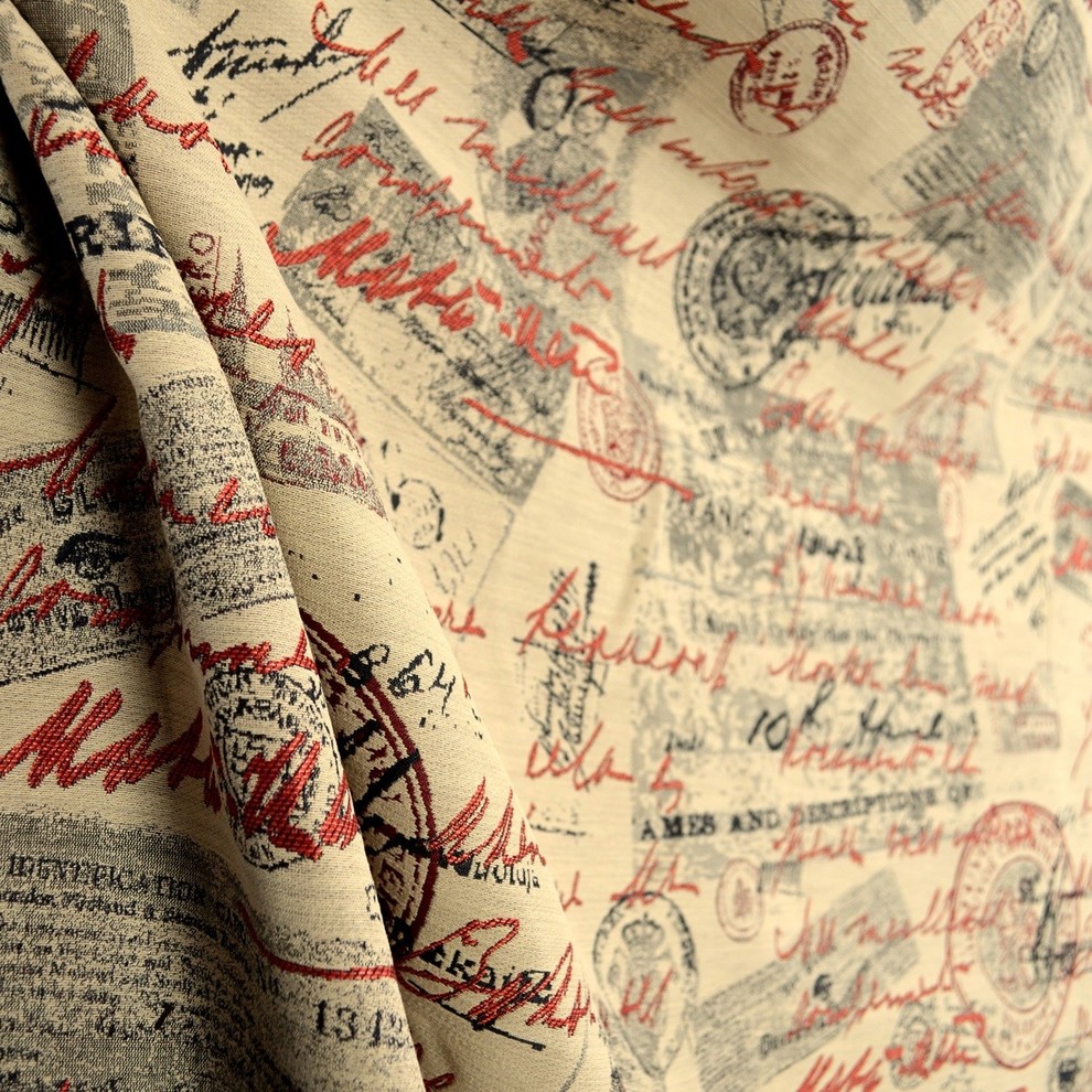 Mata Hari Red Jover Milford Script Upholstery Fabric, Sample