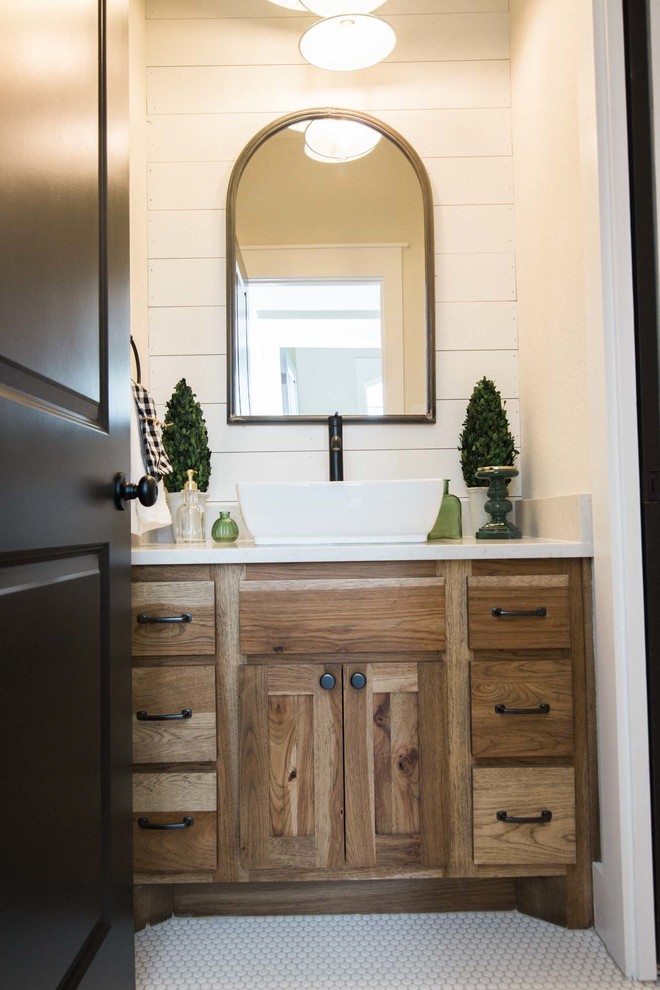 Photo of a small country 3/4 bathroom in Austin with flat-panel cabinets, medium wood cabinets, a corner tub, white tile, ceramic tile, white walls, ceramic floors, white floor and white benchtops.