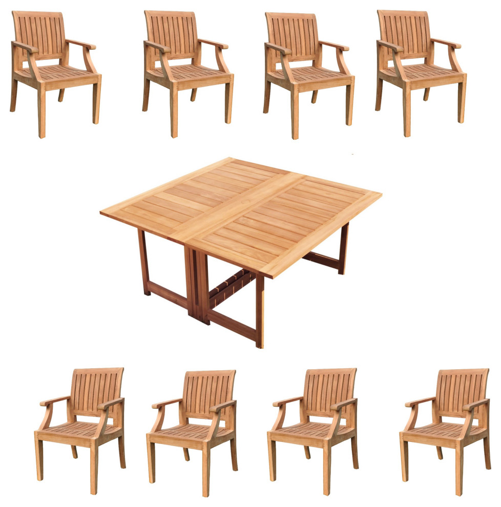 9Piece Outdoor Teak Dining Set 60" Square Butterfly Table, 8 Lagos