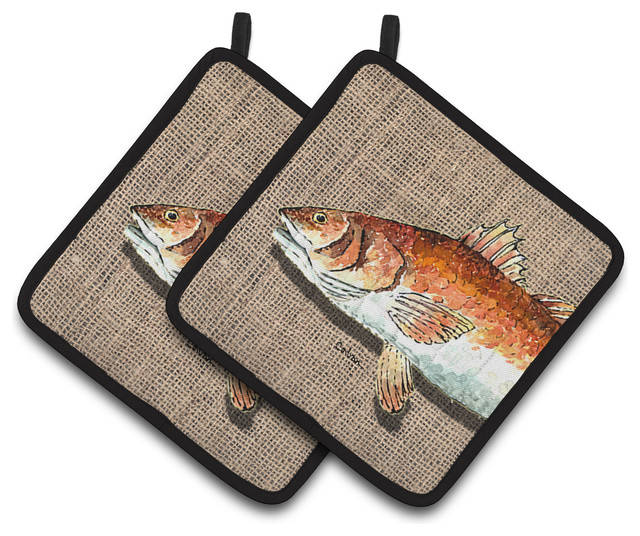 Red Fish Pot Holders, Set of 2 Beach Style Oven Mitts And Pot