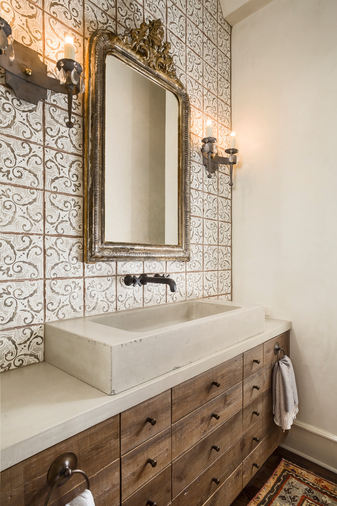 Design ideas for a mid-sized transitional bathroom in Austin with flat-panel cabinets, brown cabinets, terra-cotta tile and concrete benchtops.