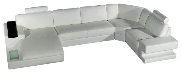 Orion White Top Grain Leather Sectional Sofa With Built-in Light and End Table