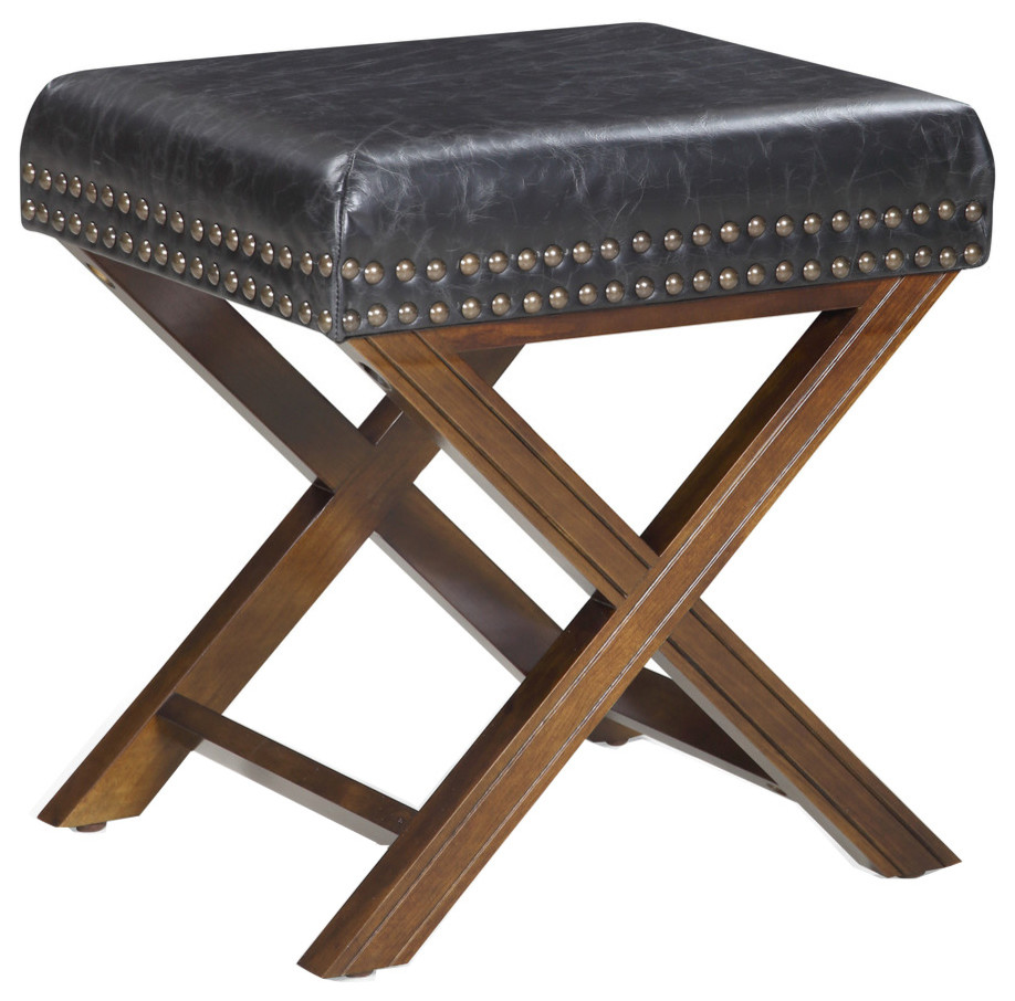 Traditional "X" Bench Leather Ottoman With Nailhead Trim ...