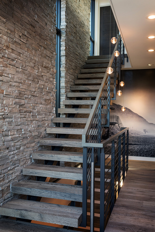 Cette photo montre un escalier flottant tendance de taille moyenne avec des marches en bois et un garde-corps en métal.