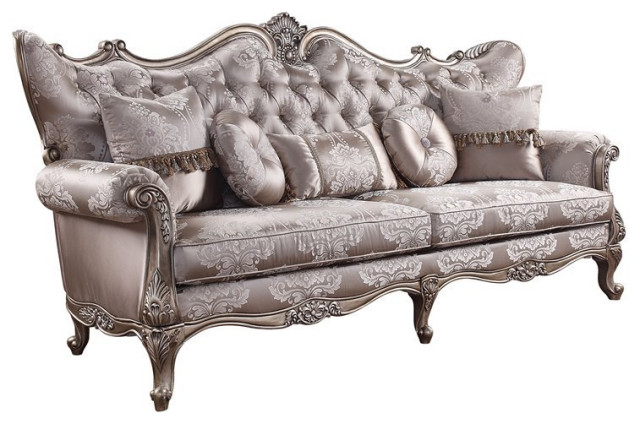 ACME Jayceon Sofa with 5 Pillows in Fabric & Champagne - Victorian ...