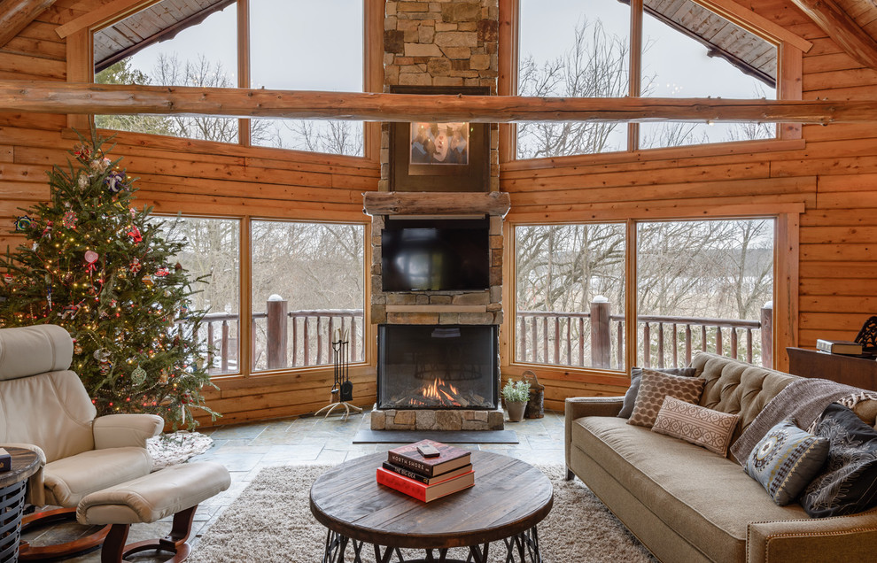 cabin with fireplace living room