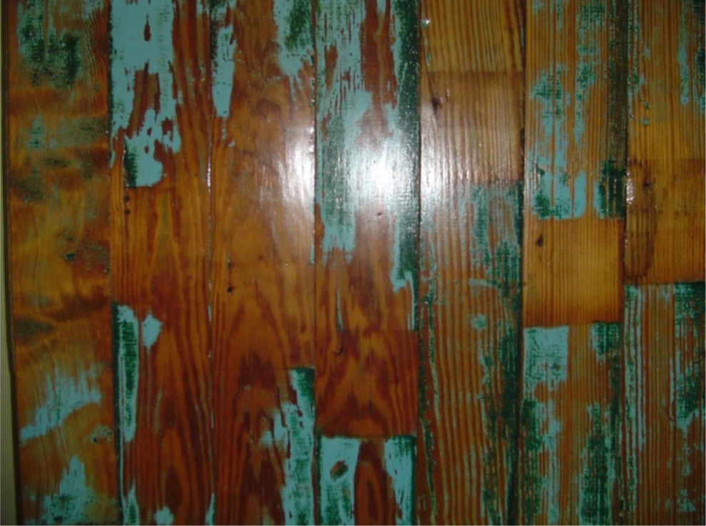 Ispirazione per una cucina abitabile con pavimento in legno verniciato e pavimento turchese