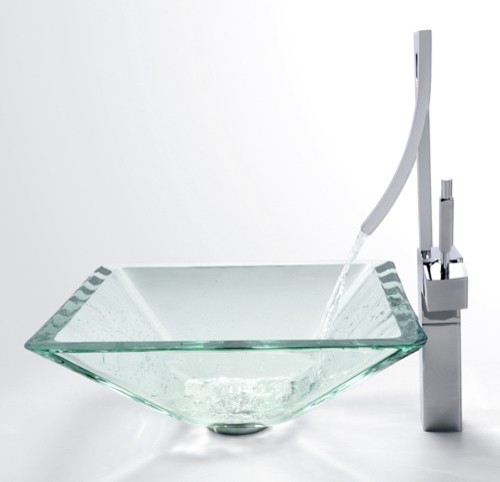 Kraus C-GVS-901-19mm-1200 Clear Aquamarine Glass Vessel Sink & Millennium Faucet