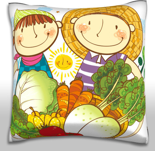 Boy Girl Holding Basket of Vegetable Polyester Velour Throw Pillow