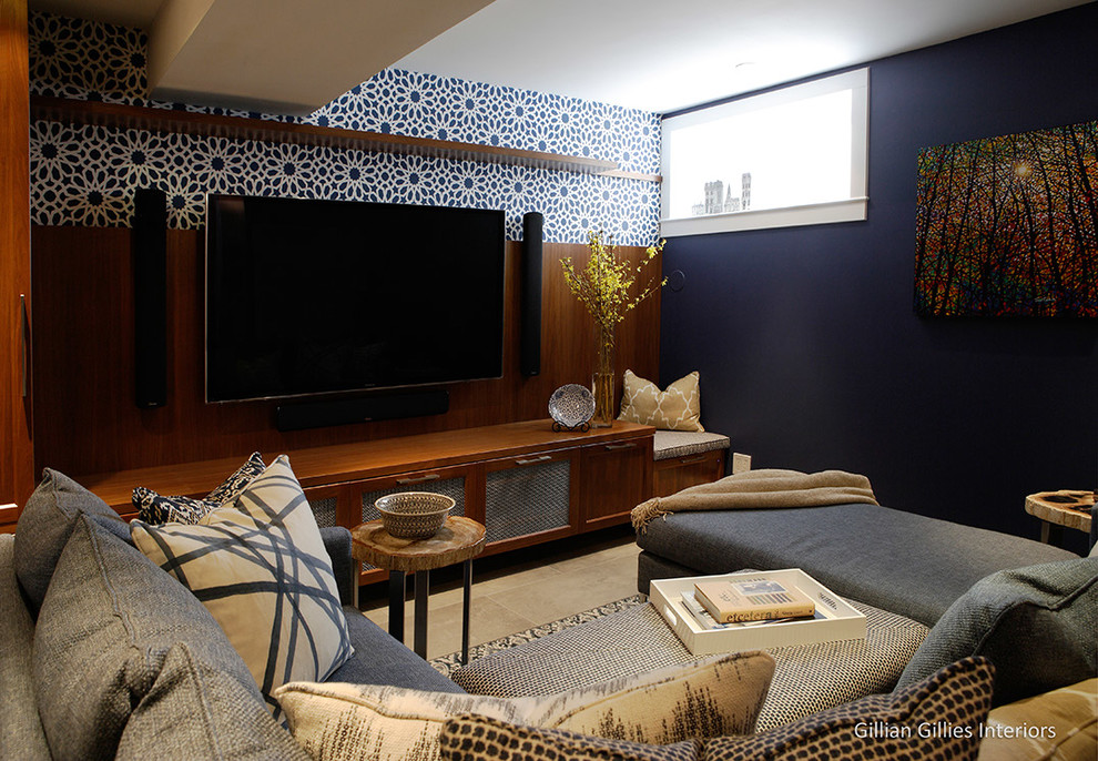 Photo of a large contemporary open concept family room in Toronto with blue walls, porcelain floors and a wall-mounted tv.