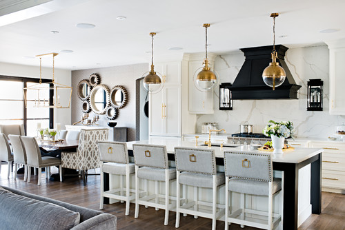 Transitional luxe kitchen featuring shades of gray, off-white, and copper