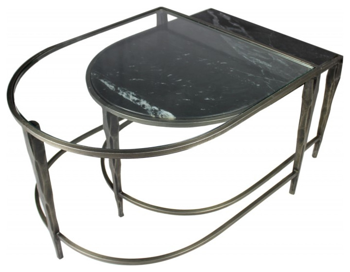Set of 2 Black Marble Top and Glass Coffee Tables Contemporary