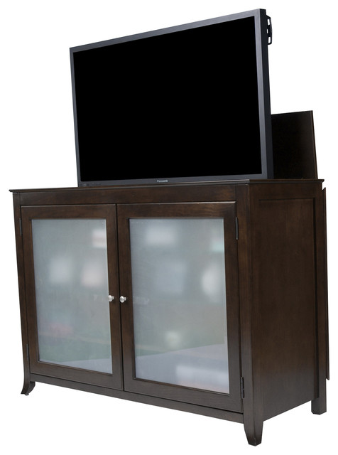 (1) sei ms9875h espresso tv stand/media console. tuscany full size lift cabinet espresso with frosted glass door panels