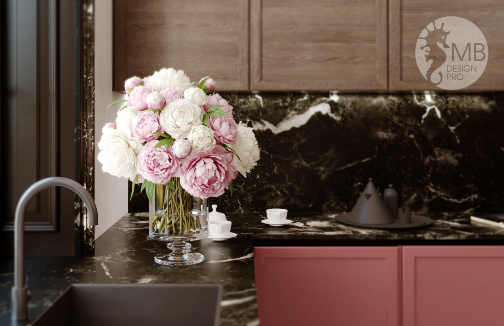 Элегантная кухня-гостиная в частном доме.