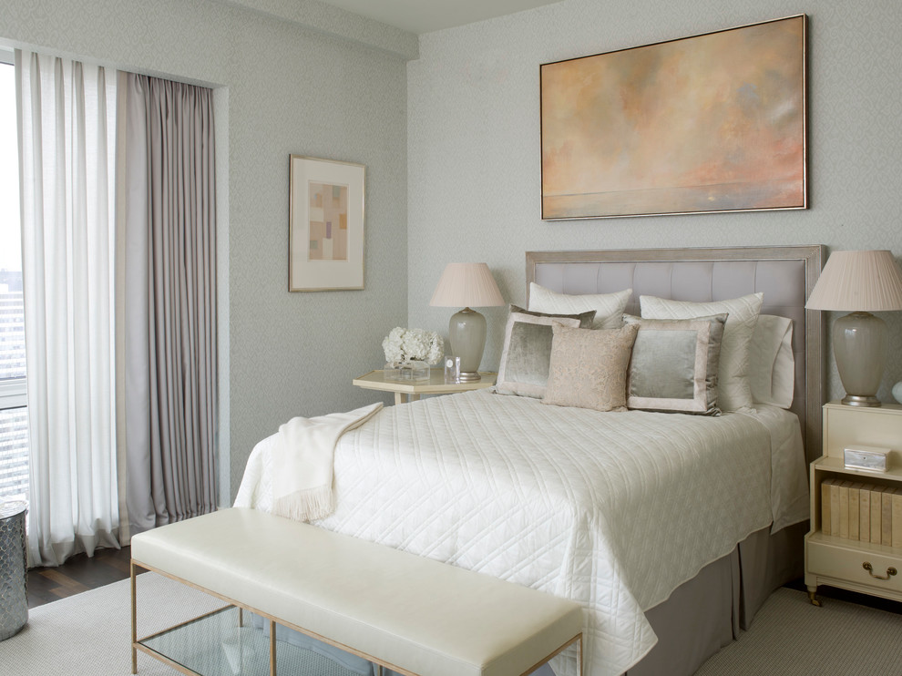 Design ideas for a transitional master bedroom in New York.