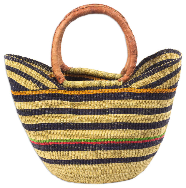 Novica Handmade Striped Sunday Leather-Accented Raffia Basket ...