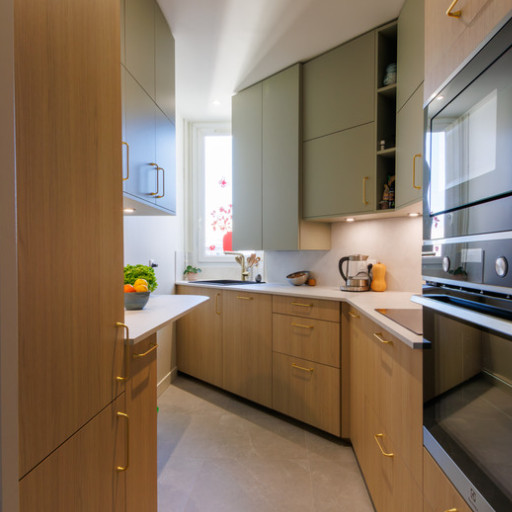 This is an example of a small kitchen in Paris with an undermount sink, green cabinets, granite benchtops, beige splashback, granite splashback, travertine floors, beige floor and beige benchtop.