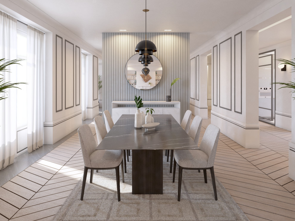 Ejemplo de comedor tradicional renovado grande abierto con paredes blancas, suelo de madera en tonos medios y boiserie