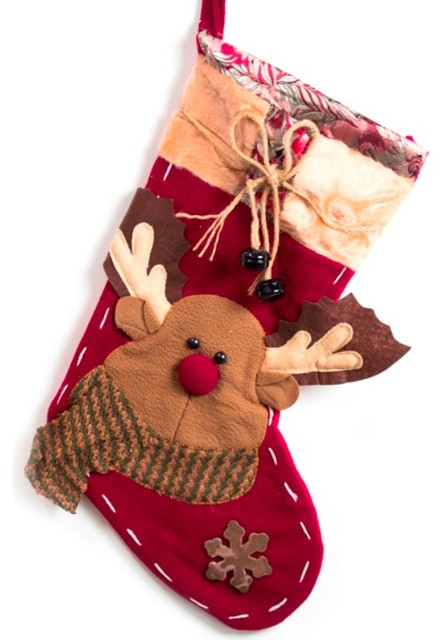 Embroidered Christmas Stockings, 19" Fleece Reindeer Stockings With Jingle Bells