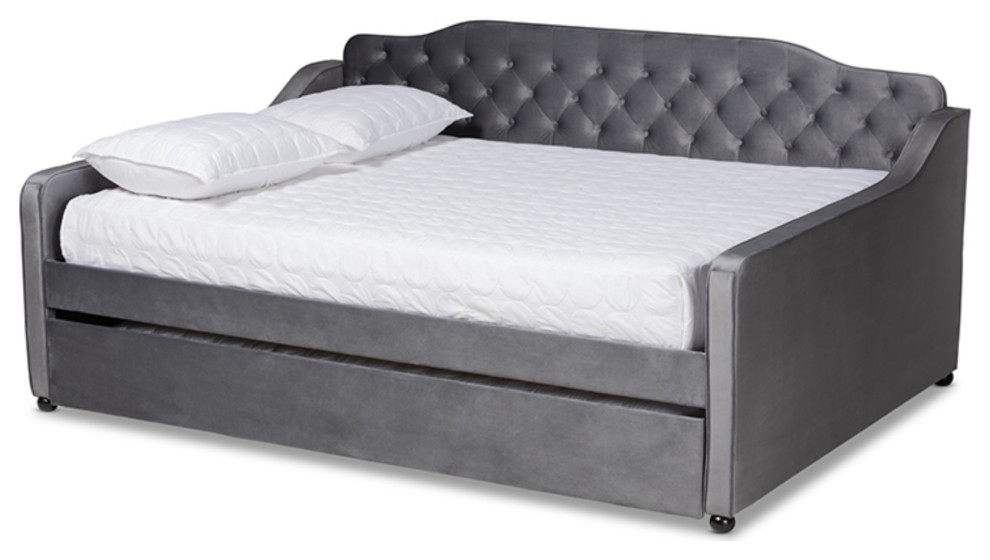 Gray Velvet Fabric Upholstered & Button Tufted Queen Size Daybed With Trundle Transitional