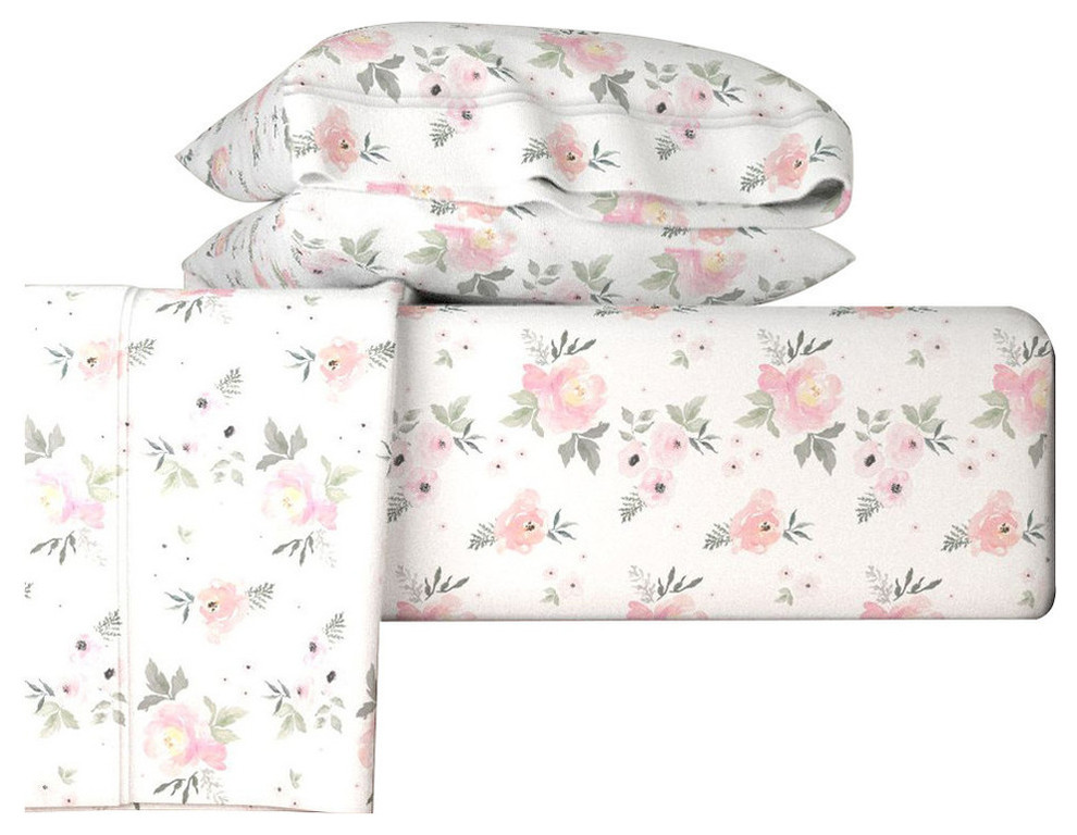 Sweet Blush Roses Blush Floral 4pc Cotton Sheet Set, Queen