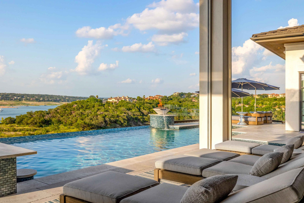 Infinity Pool with Fire Bowl and Terrace Seating - Mediterranean - Pool ...