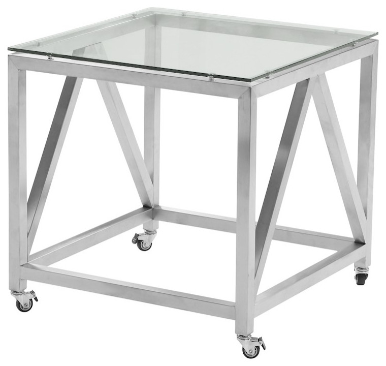Armen Living Enessa Square End Table/Wheels, Steel/Tempered