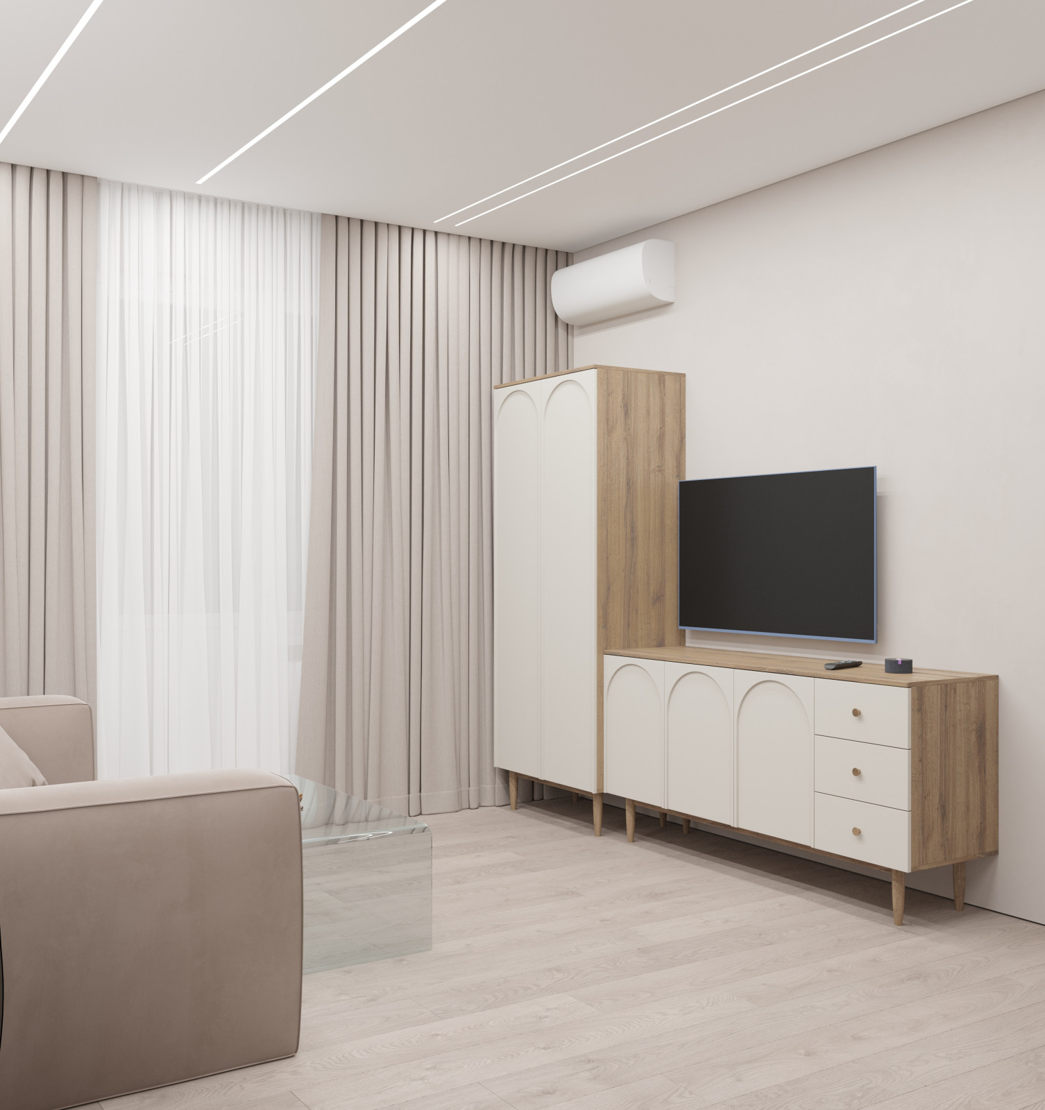 Стильная гостиная, совмещенная со спальней, в маленькой квартире.