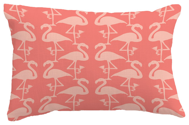Flamingo Heart Martini Tropical Print Pillow With Linen Texture