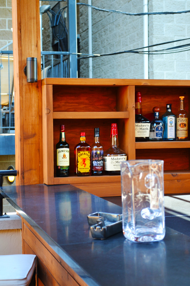 Outdoor kitchen deck - mid-sized transitional rooftop outdoor kitchen deck idea in Chicago with decking and a roof extension