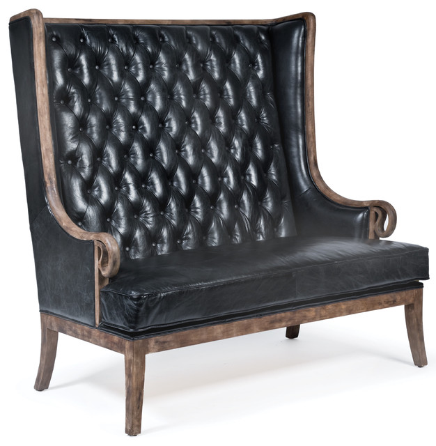 Vince Modern Classic High Back Tufted Black Leather Wood Settee