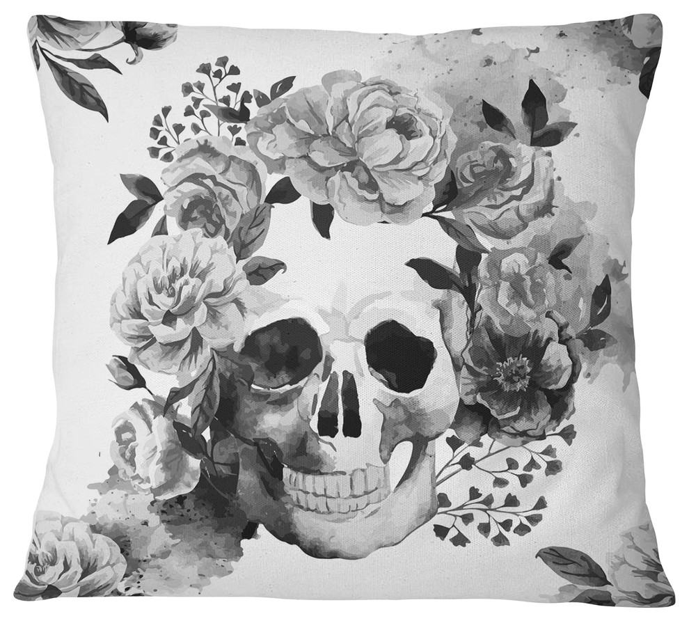 Peony Watercolor Skull Abstract Throw Pillow, 18"x18"