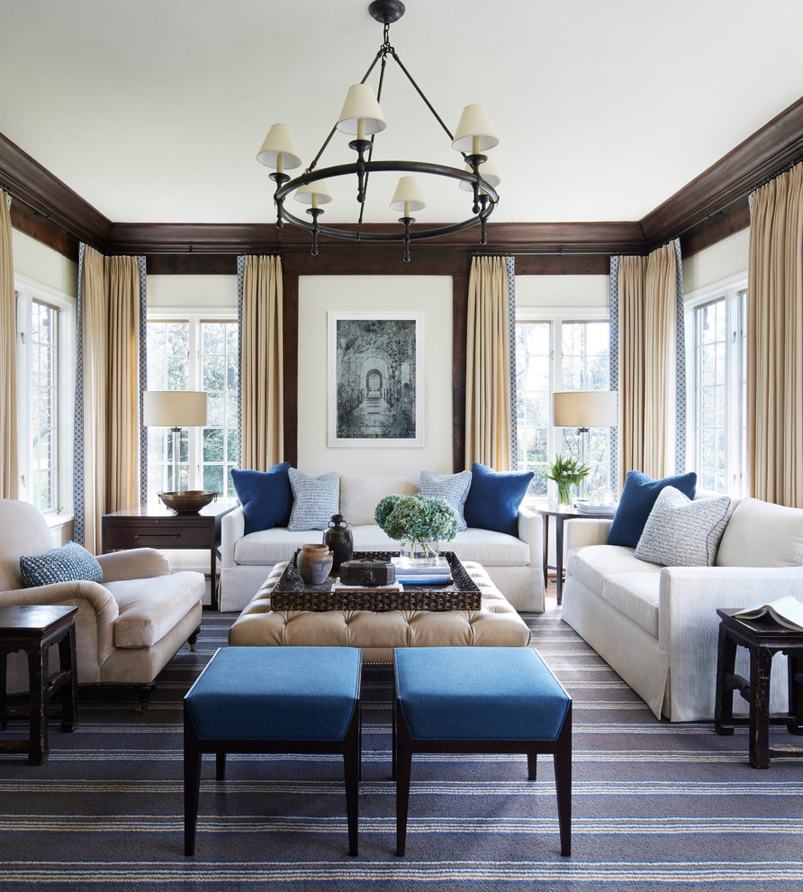 Large transitional enclosed dark wood floor and brown floor family room photo in Chicago with no tv, beige walls and no fireplace