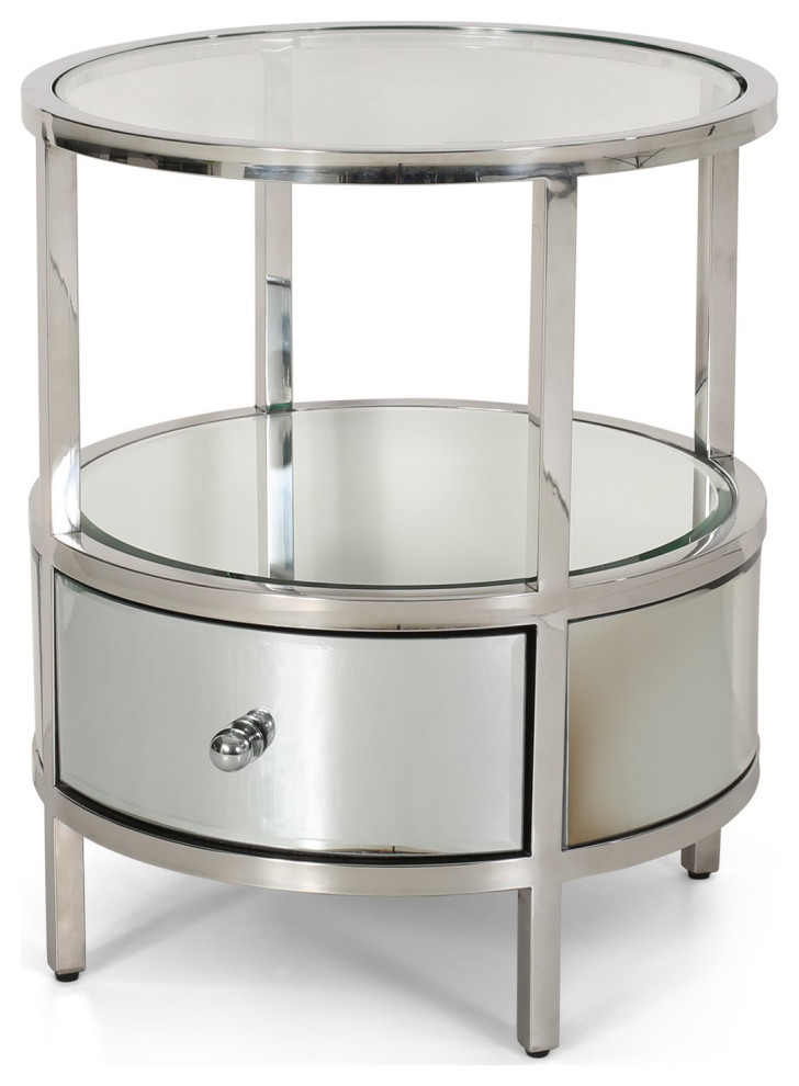 Modern Glam End Table, Round Mirrored Design With Glass Tiers & Drawer