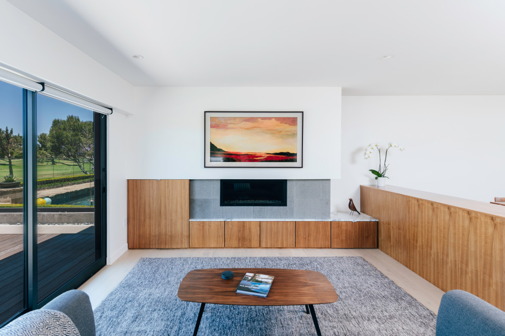 Example of a small minimalist open concept light wood floor, multicolored floor and wood wall family room design in Orange County with white walls, a standard fireplace, a stone fireplace and a wall-mounted tv