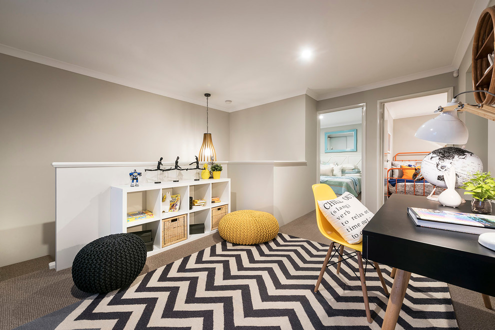 Mid-sized modern study room in Perth with beige walls, carpet and a freestanding desk.