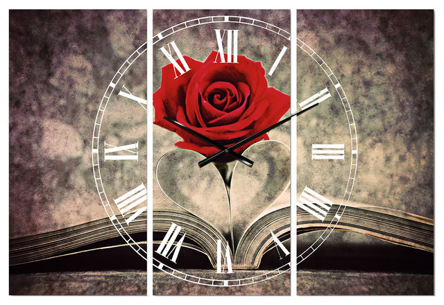 Red Rose inside The Book Traditional 3 Panels Metal Clock