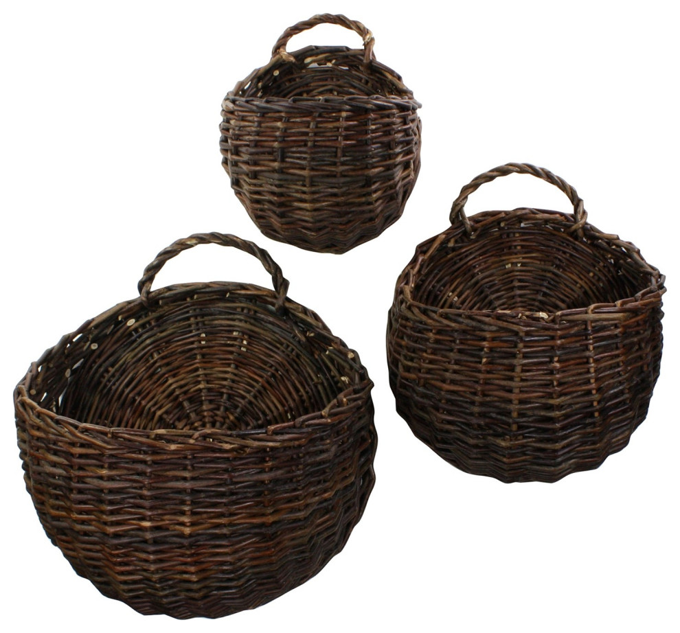 Set of 3 Rustic Brown Willow Wall Baskets Tropical Baskets by