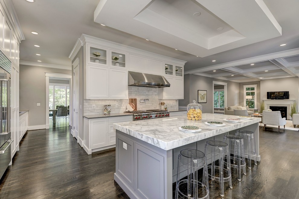 Inspiration for an expansive contemporary l-shaped open plan kitchen in DC Metro with white cabinets, stainless steel appliances, dark hardwood floors, with island, brown floor, a farmhouse sink, shaker cabinets, quartz benchtops, multi-coloured splashback, marble splashback and grey benchtop.