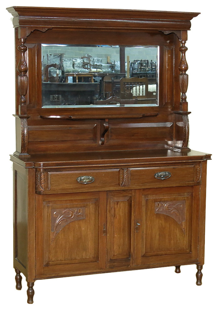 Consigned c1905 Antique Walnut Edwardian Buffet Sideboard Server w/ Mirror